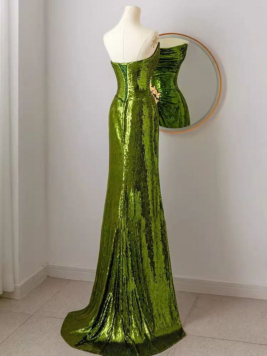 Sparkly Mermaid Strapless Long Sequin Green Prom Dress SH1317