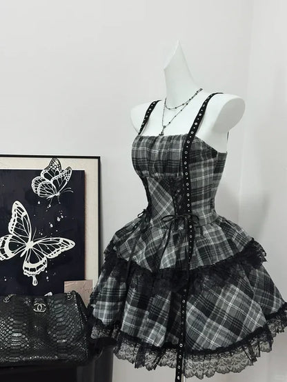 Vintage Black Plaid Design A-line Mini 15th Birthday Party Dress Tiered Homecoming Dress TP4046