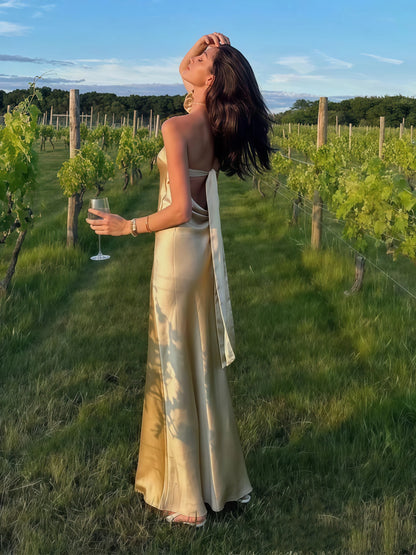 Pastel Yellow Sheath Long Prom Dress, Satin Backless Evening Dress, AST1748