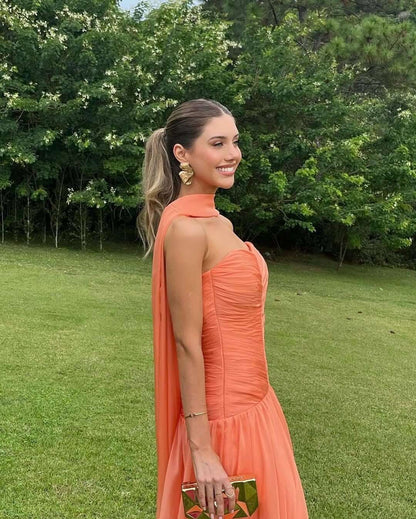 Vestido largo de gasa con espalda abierta y bufanda, vestido formal de noche