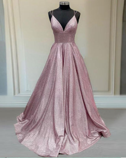 Vestidos de fiesta con purpurina, escote en V y tirantes múltiples