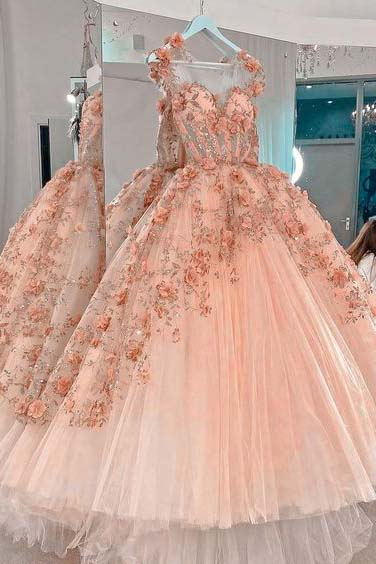 Pink 3D Flower See-through Tulle Puffy Ball Gowns Quinceanera Dresses GP350