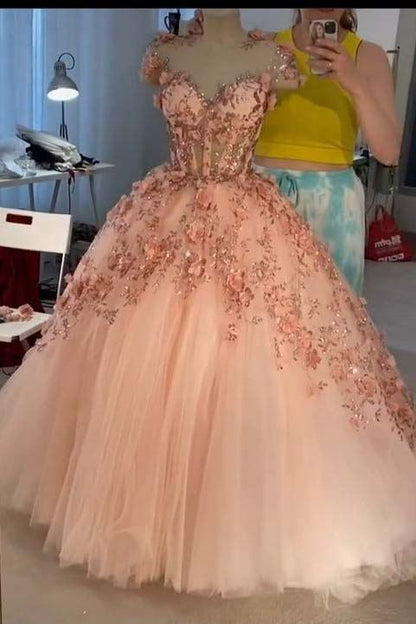 Pink 3D Flower See-through Tulle Puffy Ball Gowns Quinceanera Dresses GP350