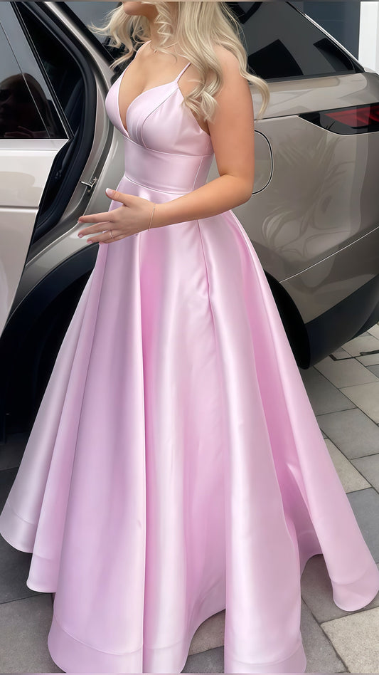 Pink A-Line Evening Prom Dress, Spaghetti Straps Gala Dress, Satin Celebrity Dress, AST1746