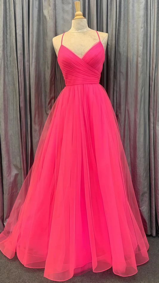 Pink A-Line Tulle Long Prom Dress,AST1608
