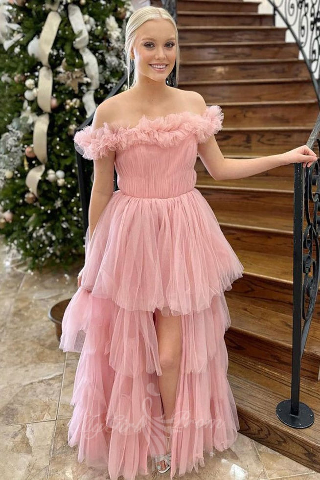 Pink Off The Shoulder Tulle A Line Ruffled Tiered  Prom Dress With Split GP811
