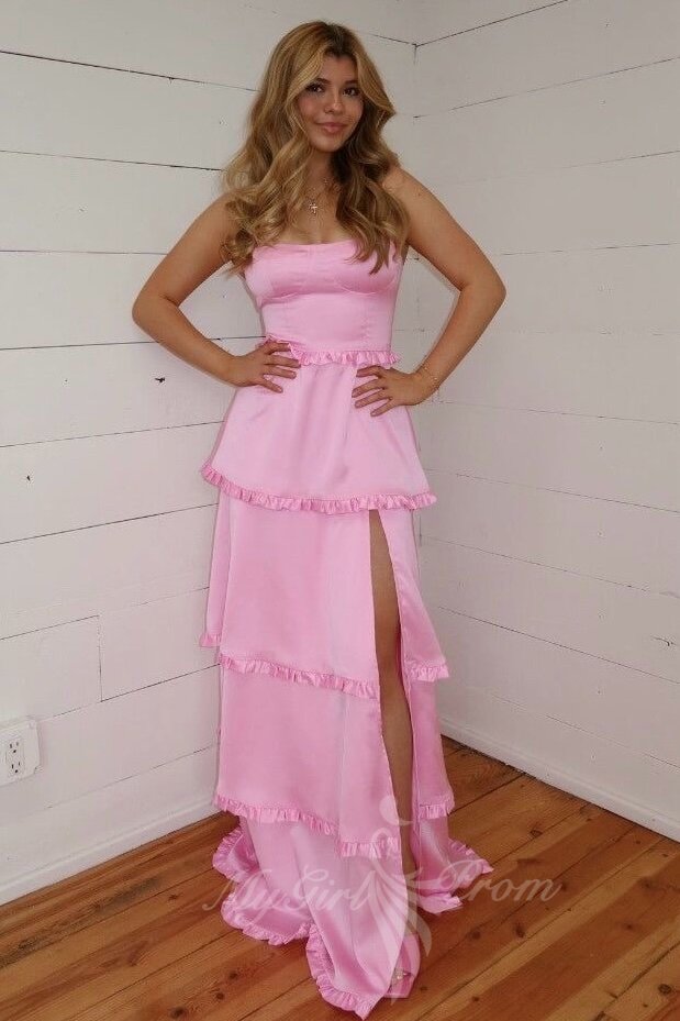 Pink Ruffles Tiered Slit Prom Dress A-Line Formal Gown with Lace-up Back GP797