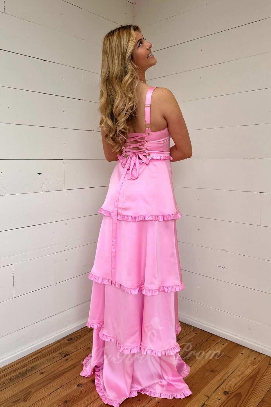 Pink Ruffles Tiered Slit Prom Dress A-Line Formal Gown with Lace-up Back GP797
