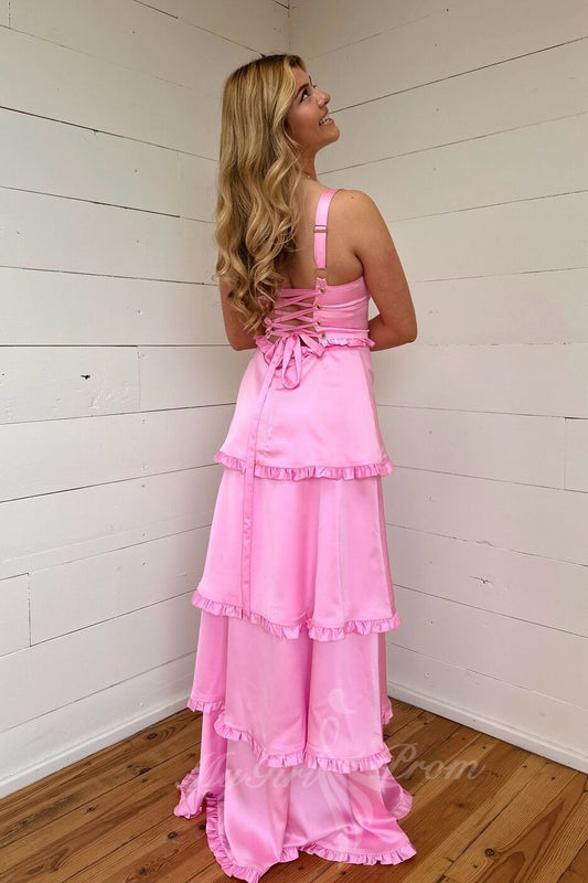 Pink Ruffles Tiered Slit Prom Dress A-Line Formal Gown with Lace-up Back GP797