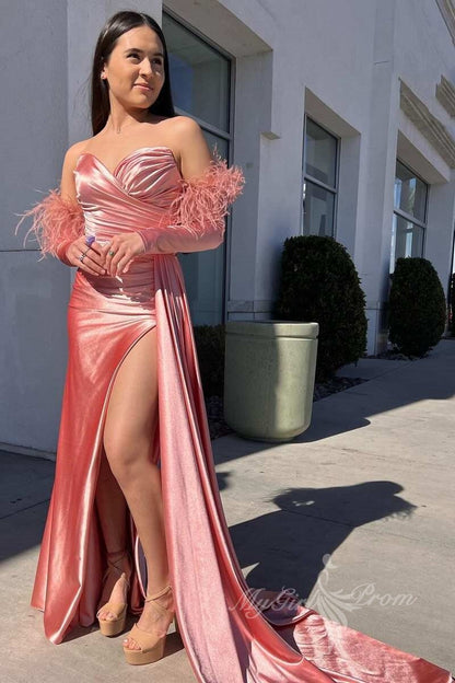Red Sweetheart Slit Satin Long Prom Dresses with Detachable Feathers Sleeves GP483
