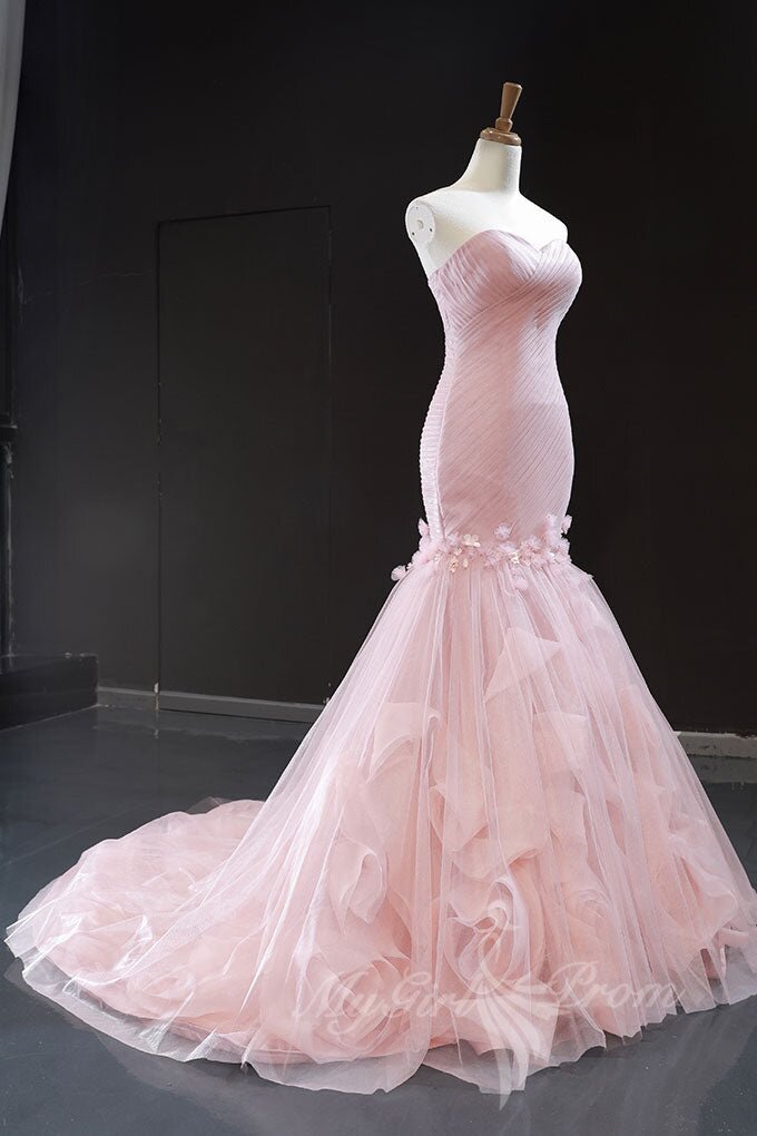 Pink Sweetheart Tulle Mermaid Long Prom Dress Pink Evening Dress GP517