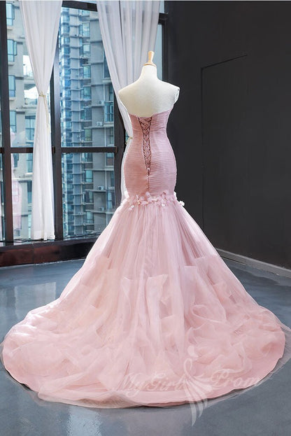 Pink Sweetheart Tulle Mermaid Long Prom Dress Pink Evening Dress GP517