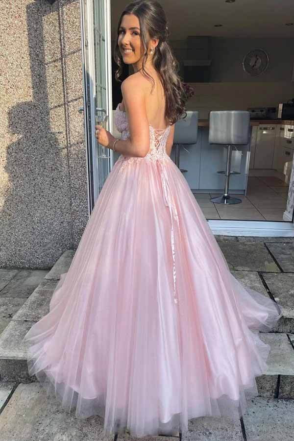 Vestidos formales largos sin tirantes de tul rosa con encaje y corte A, vestidos de fiesta elegantes 