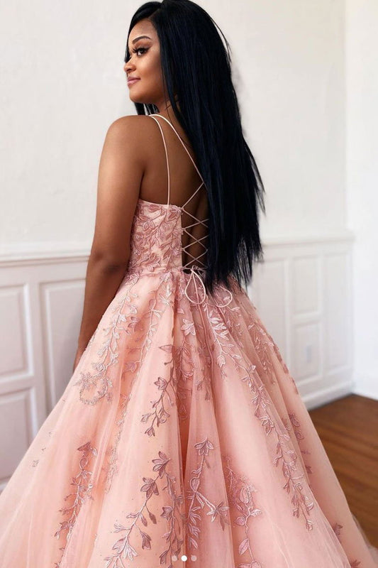 Pink Tulle Long Prom Dress Spaghetti Straps Sleeveless Graduation Gown GP144