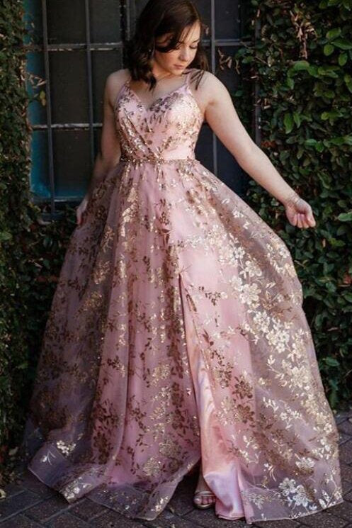 Stylish Tulle Sequins Long Prom Dresses, Backless Slit Long Graudtion Gown GP335