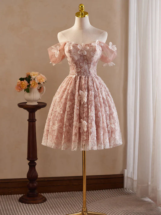 Vintage Pink 3D Flower Design A-line Off-the-shoulder Homecoming Dress TP3409
