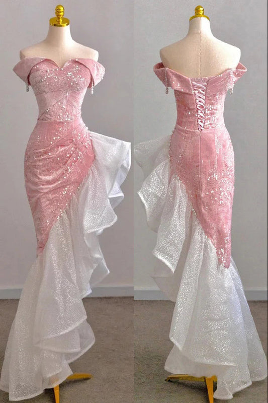 Shiny Off Shoulder Pink Mermaid Prom Dress With Ruffle, Sequin Formal Dress GP690