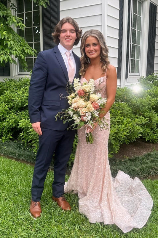 Plunge Neck Blush Pink Sequin Mermaid Long Formal Dress