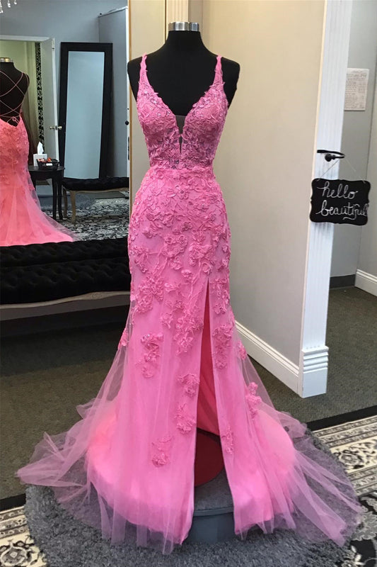 Fitted Appliques Long Prom Dress with Slit Open Back