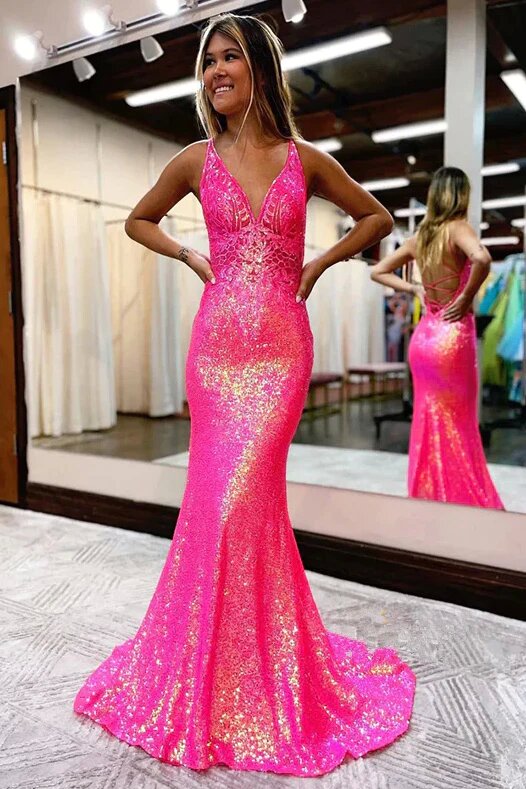 Plunging V-Neck Sequins Beads Sparkly Mermaid Prom Dress, Purple Evening Gown GP374