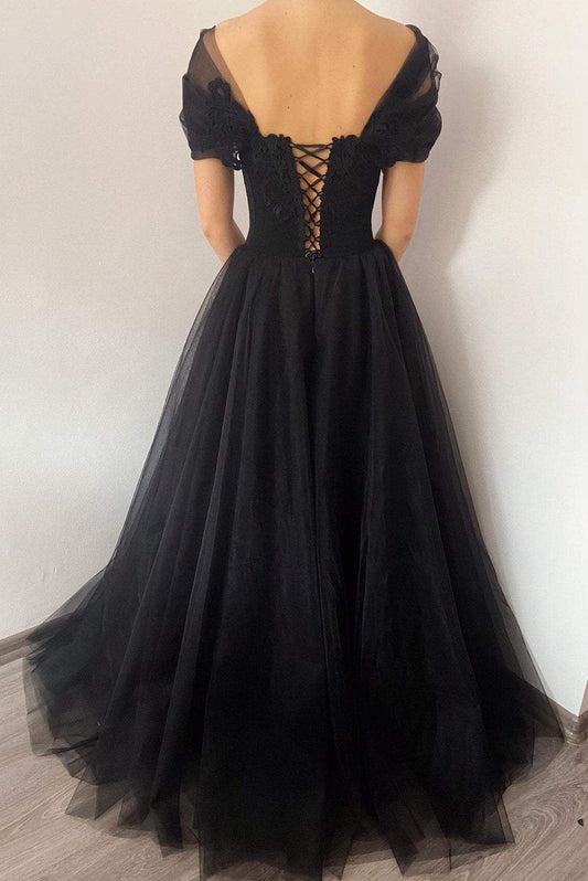 Vestido de fiesta de tul con corsé gótico negro de princesa, elegante vestido formal negro