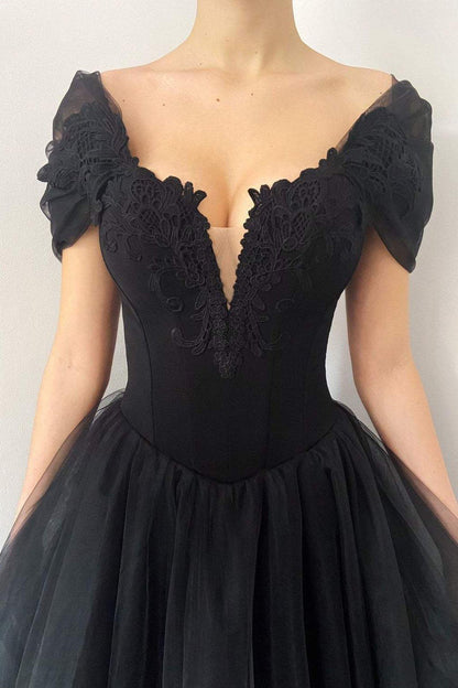 Vestido de fiesta de tul con corsé gótico negro de princesa, elegante vestido formal negro