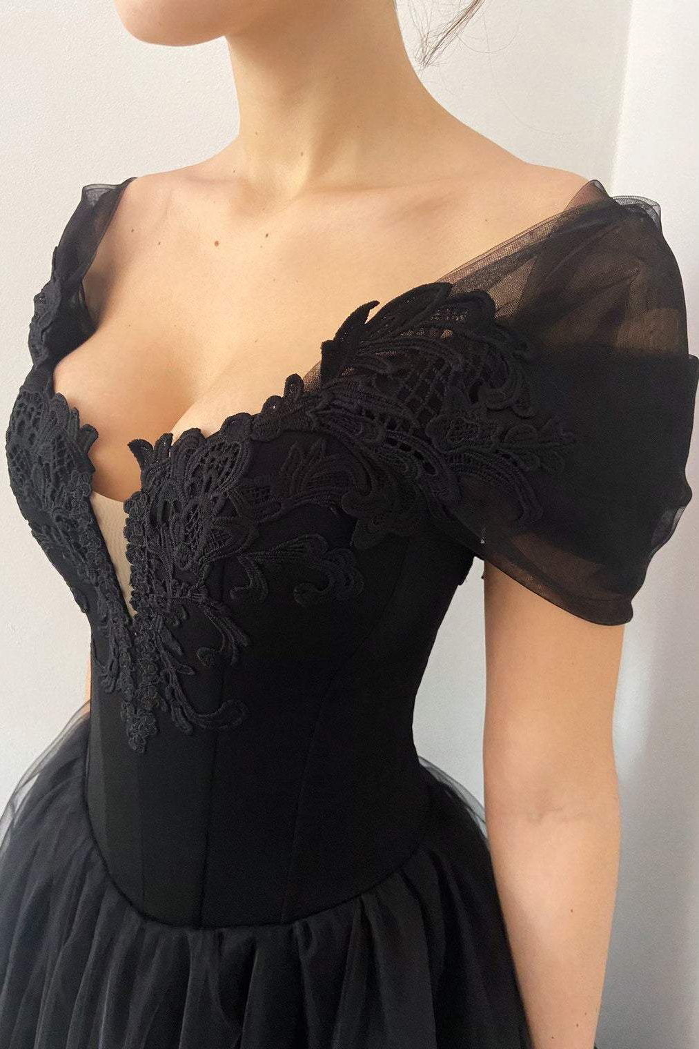 Vestido de fiesta de tul con corsé gótico negro de princesa, elegante vestido formal negro
