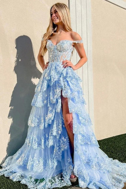 Princess Pink Lace Layered Long Prom Dresses, Lace Slit Formal Evening Dresses GP467