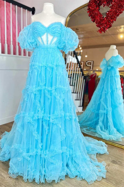 Princess Pink Sheer Tulle Long Prom Dress with Ruffles, Off-Shoulder Puff Sleeves Formal Gown GP487