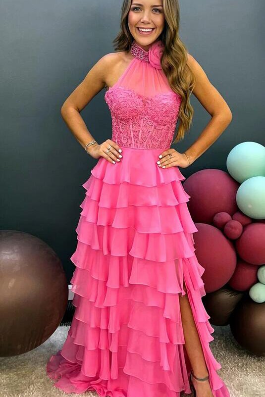 Princess Chiffon Long Prom Dresses with Lace Bodice and Ruffle Skirt GP524