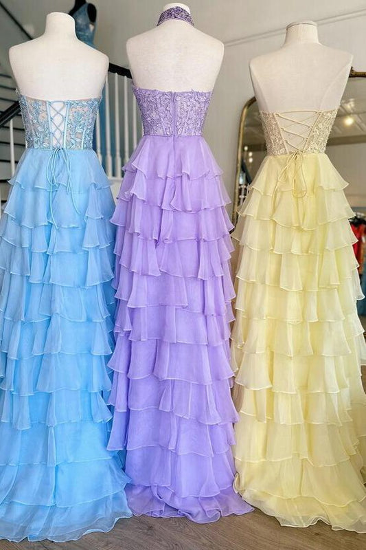 Princess Chiffon Long Prom Dresses with Lace Bodice and Ruffle Skirt GP524