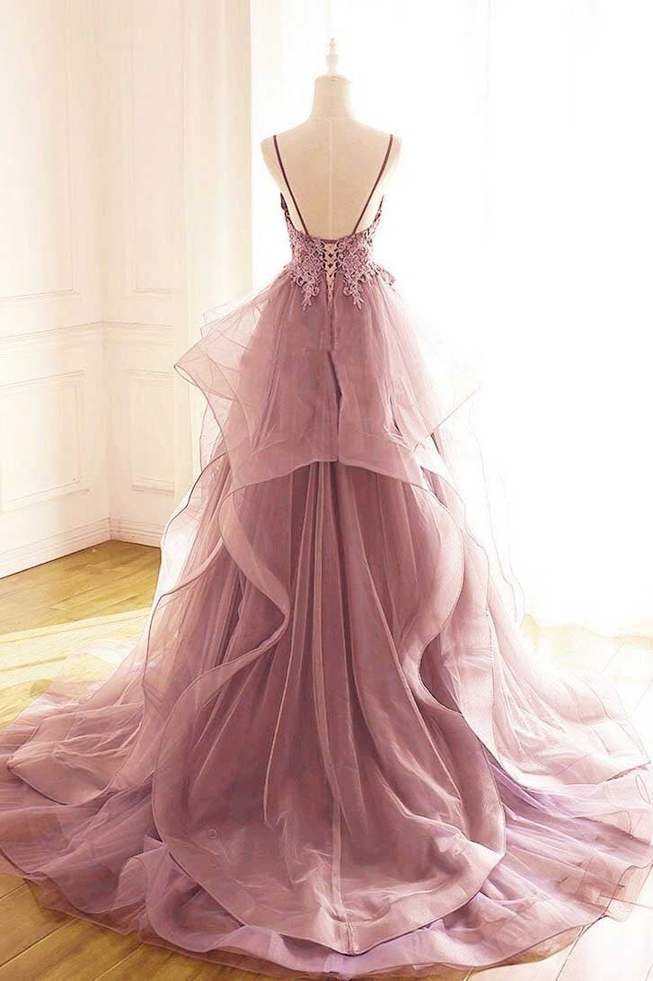 Princess Dark Pink Tulle Long Prom Dress With Lace, Ruffle A Line Formal Dress GP146