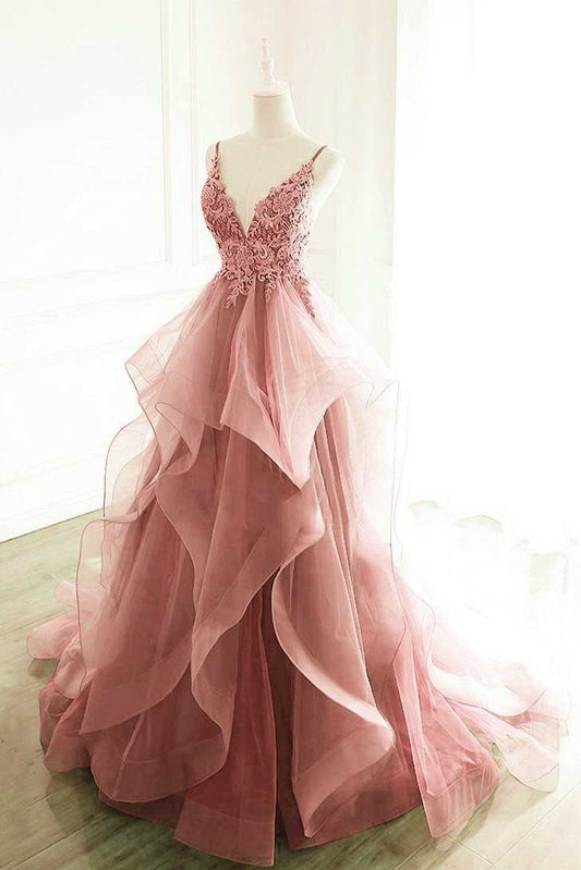 Princess Dark Pink Tulle Long Prom Dress With Lace, Ruffle A Line Formal Dress GP146