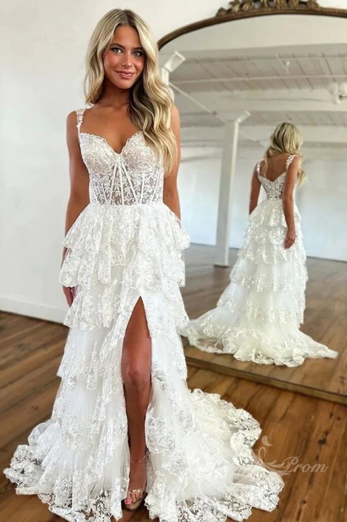 Princess Pink Lace Layered Long Prom Dresses, Lace Slit Formal Evening Dresses GP467