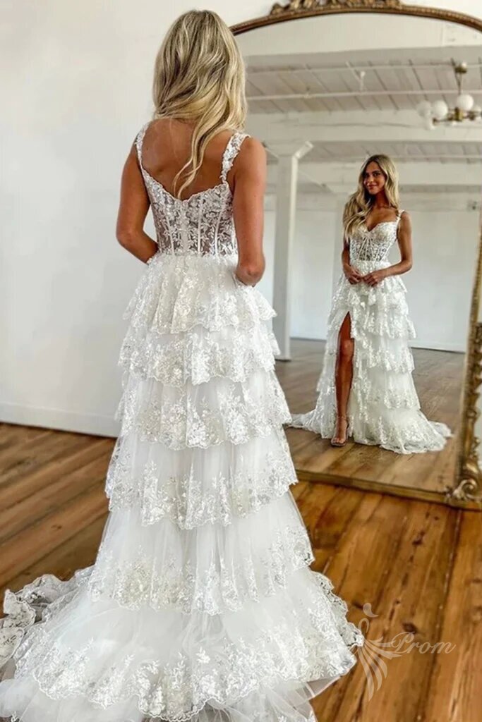 Princess Pink Lace Layered Long Prom Dresses, Lace Slit Formal Evening Dresses GP467