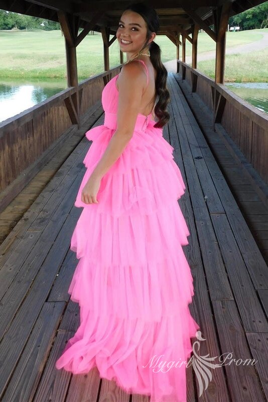 Princess Layered Pink Long Prom Dresses, Tulle Sleeveless Pink Graduation Dress GP431