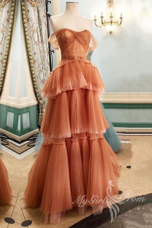 Princess Off the Shoulder Brown Tulle Tiered Prom Dress, Long Formal Gown GP445