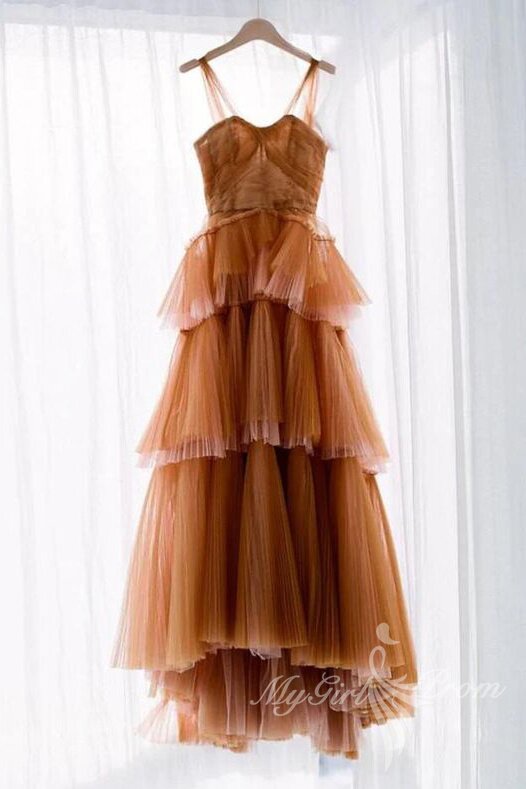 Princess Off the Shoulder Brown Tulle Tiered Prom Dress, Long Formal Gown GP445
