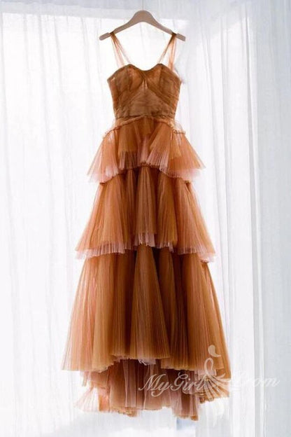 Princess Off the Shoulder Brown Tulle Tiered Prom Dress, Long Formal Gown GP445
