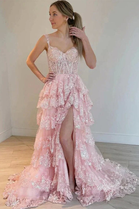 Princess Pink Lace Layered Long Prom Dresses, Lace Slit Formal Evening Dresses GP467