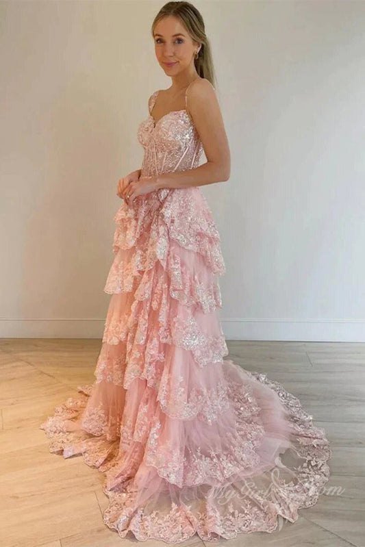 Princess Pink Lace Layered Long Prom Dresses, Lace Slit Formal Evening Dresses GP467