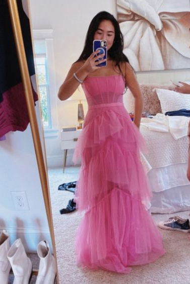 Princess Hot Pink Long Prom Dress Layered Tulle Sleeveless Corset Gown, GP190