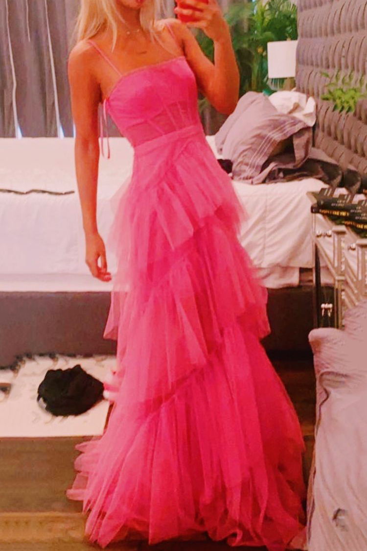 Princess Hot Pink Long Prom Dress Layered Tulle Sleeveless Corset Gown, GP190