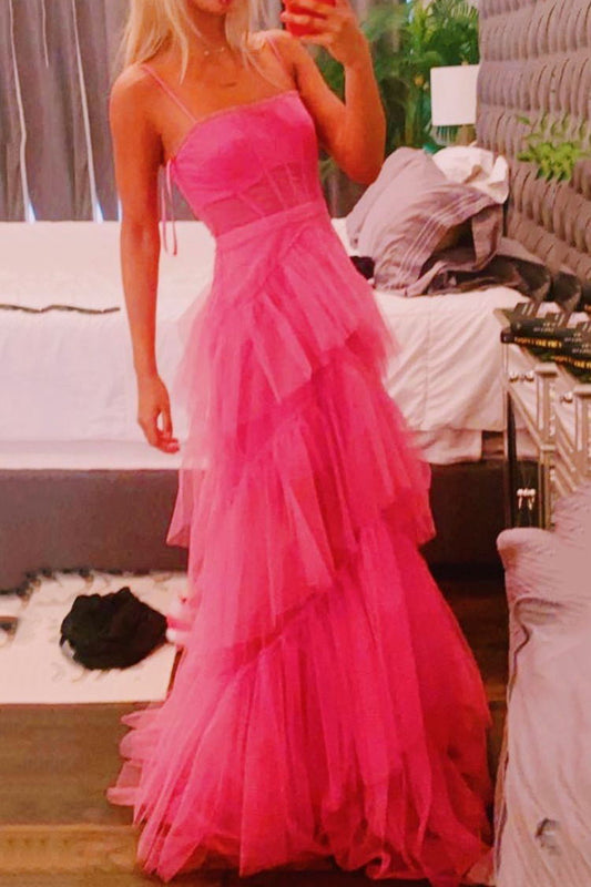 Princess Hot Pink Long Prom Dress Layered Tulle Sleeveless Corset Gown, GP190