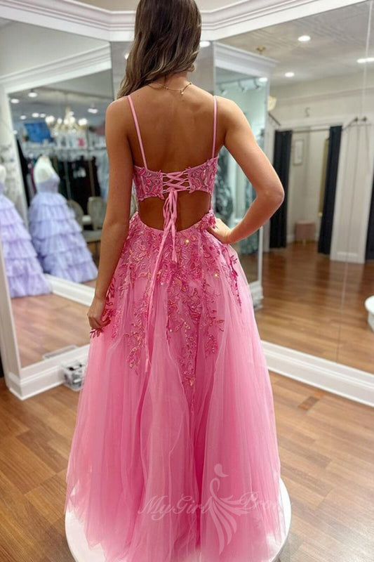 Princess Pink Tulle Long Prom Dresses with Slit, Lace Appliques Graduation Dress GP700