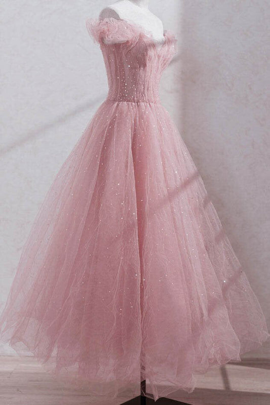 Princess Pink Tulle Tea Length Prom Dress, Pink Off shoulder Sweet 16 Dress GP288