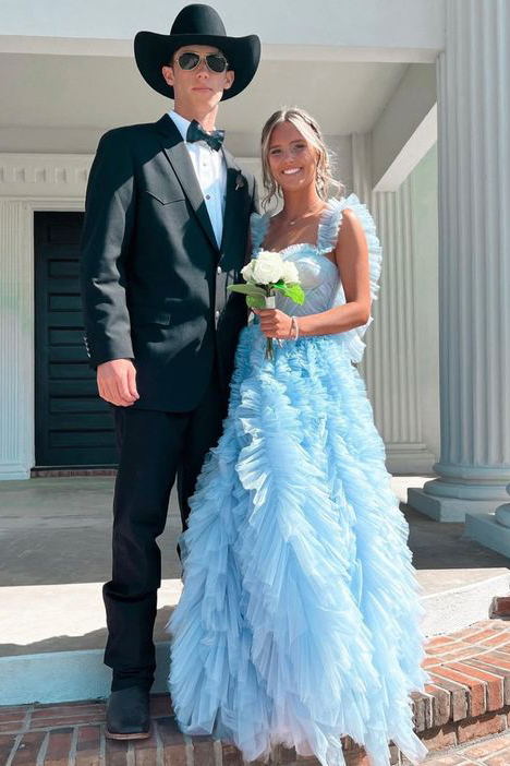 Princess Ruffle Straps Light Sky Blue Tulle Tiered Long Prom Dresses GP351