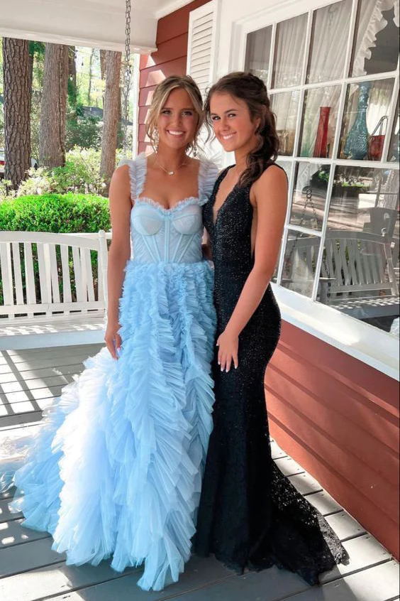 Princess Ruffle Straps Light Sky Blue Tulle Tiered Long Prom Dresses GP351