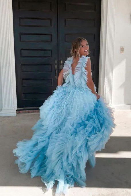 Princess Ruffle Straps Light Sky Blue Tulle Tiered Long Prom Dresses GP351