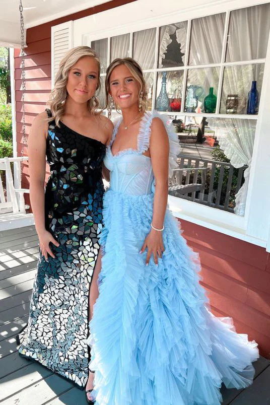 Princess Ruffle Straps Light Sky Blue Tulle Tiered Long Prom Dresses GP351